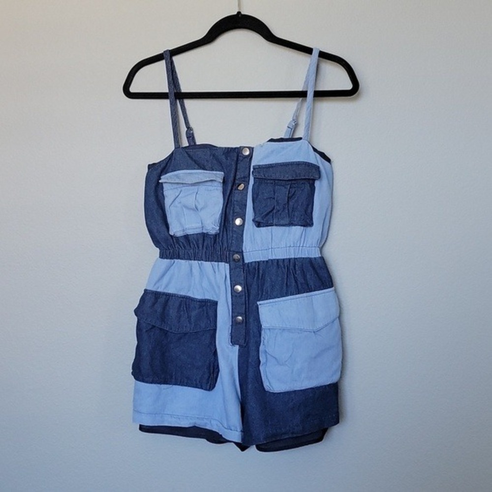 L'atiste 90's Y2K Summer Patchwork Sleeveless Denim Chambray Romper Jrs. Large - Picture 3 of 10